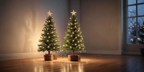 Fototapeta premium Twinkling string lights wrapped around a small Christmas tree, twinkling, festive,