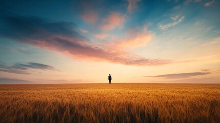 Fototapeta premium Solitary Figure in a Golden Field at Sunset