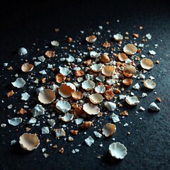 Fototapeta premium Vibrant eggshell fragments scattered on a dark canvas, artistic splatter, colorful fragments, messy art
