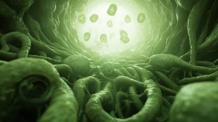 Mysterious green tunnel with floating symbols creates an eerie, otherworldly atmosphere, AI