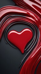 Glossy red heart surrounded by flowing abstract shapes on a dark background, AI