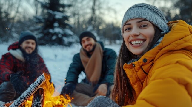A woman is smiling and sitting next to a fire with two men