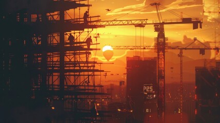 Naklejka premium Cityscape with construction workers building 2025 structure at sunset