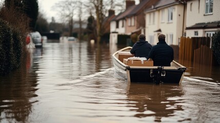 Obraz premium Two Individuals Navigate Floodwaters in a Boat, Surrounded by Submerged Homes and Reflecting a Local Community's Struggle with Rising Water Levels and Climate Impact