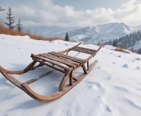 Wooden sled on a snowy hill with a few snowflakes falling around it, snowflakes falling, serene atmosphere, icy surface