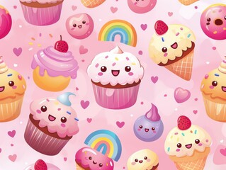 A colorful pattern featuring cute desserts like cupcakes, ice cream, and sweets.