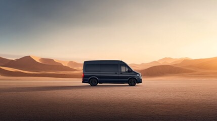 Obraz premium Black van in desert landscape at sunset