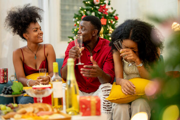 A group of friends celebrates Christmas together at home, enjoying drinks and laughter around a cozy living room. A decorated Christmas tree lights up the background, adding warmth to the holiday.