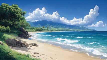 Tropical Island Beach Paradise: A Serene Coastal Landscape Painting