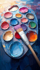 Paintbrush and palette with vibrant colors.