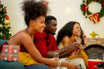 A group of friends celebrates Christmas together at home, enjoying drinks and laughter around a cozy living room. A decorated Christmas tree lights up the background, adding warmth to the holiday.