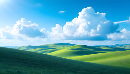 Obraz premium Green Hills with Blue Sky and White Clouds, Peaceful Nature Landscape of Rolling Meadows