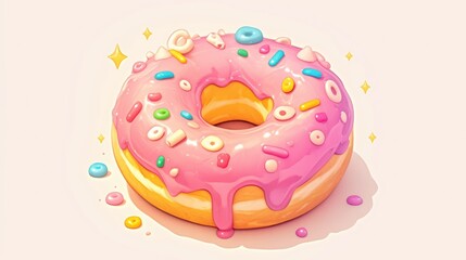 A colorful, frosted donut with sprinkles, radiating a playful vibe.