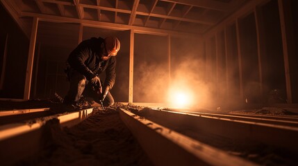 Construction Worker in Dimly Lit Interior
