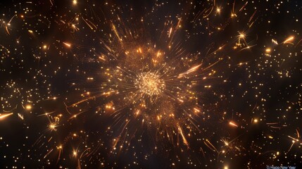Fototapeta premium Dark starry night with golden fireworks and Happy New Year text sharp detail and magical glow