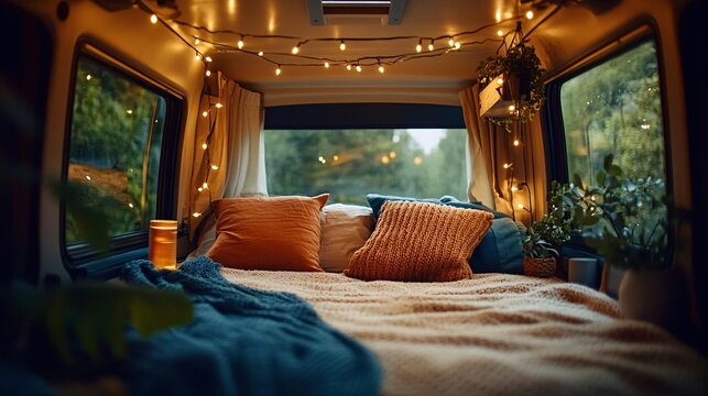Cozy camper van interior with fairy lights and soft bedding