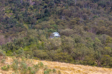 Photograph of a two storey house in a very remote location on the side of a hill in a dense forest...