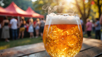 Golden beer in a frosted glass with steam on a festival table