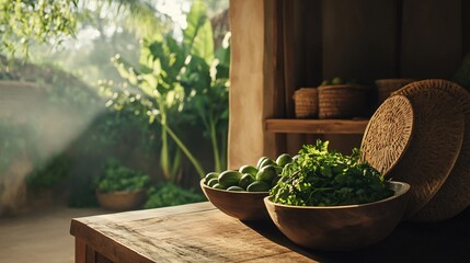 Fresh herbs and limes on a wooden table in a tropical kitchen