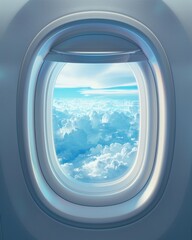 Air Plane Window. Interior View of Jet Plane Window with Blue Sky and Clouds