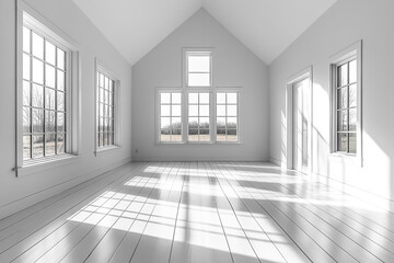 Fototapeta premium Bright Room With Many Windows And White Wood Floors