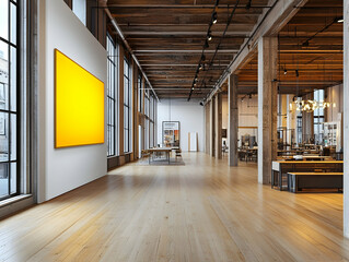 Spacious modern art gallery interior with large windows, wooden beams, and yellow artwork.