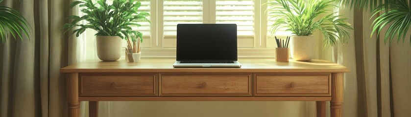 Fototapeta premium Cozy Minimalist Workspace with Laptop and Indoor Plants