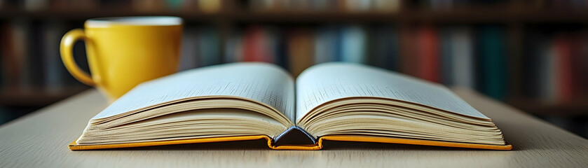 Obraz premium Open book and mug on a table with blurred bookshelf background.