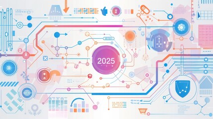 Naklejka premium Futuristic 2025 Infographic with Goals Plans Achievements Icons
