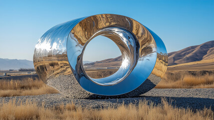 Sculpture made of reflective metal surrounded by dry grass under a clear blue sky in an outdoor setting. Generative AI