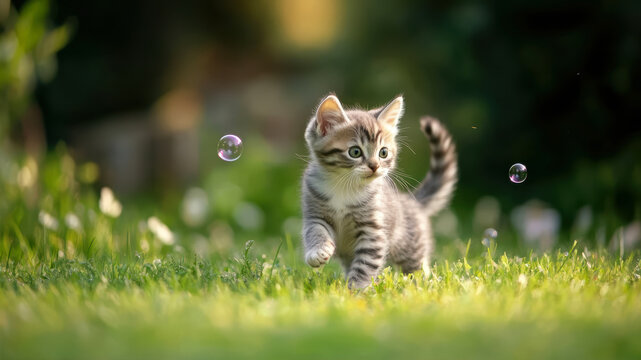 Curious kitten explores playful soap bubbles in the warm sunlit garden