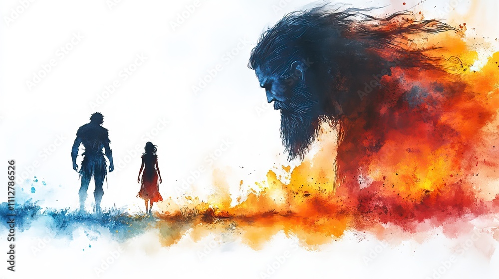 Aufkleber david and goliath white background with watercolor splashes and silhouettes of a man and a giant