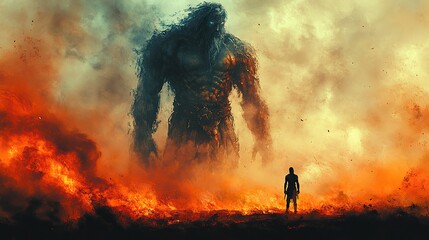 Fototapeta premium david and goliath digital watercolor painting of an ancient warrior with a giant standing in front of him digital illustration