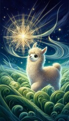 Fototapeta premium Dreamy Alpaca Under the Evening Star in an Enchanted Meadow