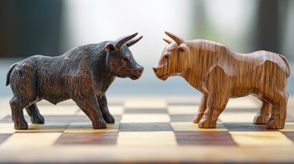 Fototapeta premium Wooden bull and bear chess pieces face off on a classic chessboard, symbolizing the struggle between optimism and caution in finance.