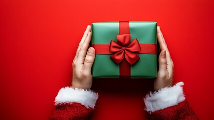 Festive Green Gift Box Held by Santa Claus Hands on Red Background
