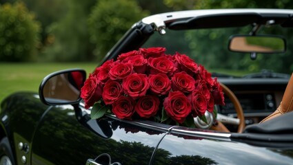 luxury flower delivery. bouquet of red roses in a black convertible.