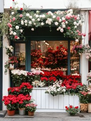 A white flower shop featuring vibrant bouquets of red roses, creating a romantic and elegant atmosphere. Perfect for Valentine's Day, weddings, or floral-themed projects