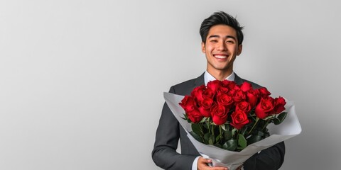 A smiling young Asian man in a red shirt holding a bouquet of red roses against a white background. Perfect for Valentines Day, gifting, or floral-themed projects. Space for text included