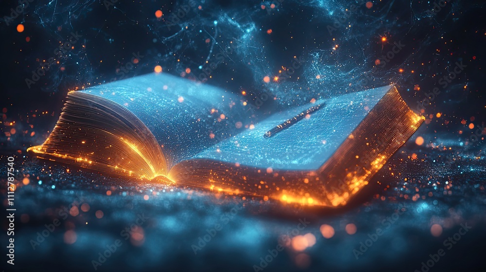 Poster digital and creative writing with an open notebook and pencil in a luminous polygonal style on a blu