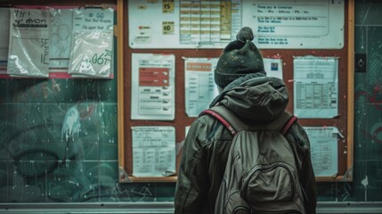 Homeless Individual Examines Job Postings at Community Shelter Bulletin Board