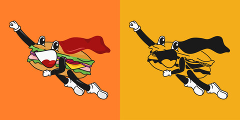 Illustration of a heroic sandwich character with a flowing cape, flying through vibrant backgrounds © Prtnsxx