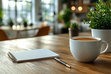 A simple and cozy workspace featuring a pen, coffee cup, and notebook. A warm and professional setup for creative work. Banner with space for text