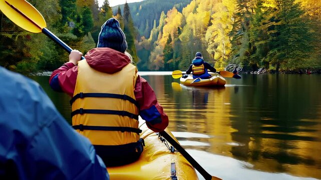 Couple kayaking lake in autumn. Man and woman calm water, paddling canoe scenic forest. Happy people outdoor adventure, active vacation lifestyle. Peaceful nature travel, leisure activity. rowing boat