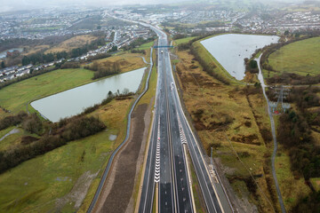 Aerial view of major roadworks and construction at Dowlais, South Wales