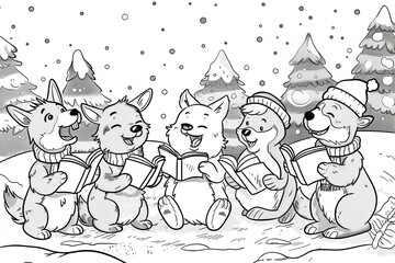 Fototapeta premium Cute Christmas coloring pages featuring animals in festive holiday setting