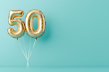 Shiny metallic gold foil balloons form the number 50, creating a festive and celebratory atmosphere for a milestone birthday or anniversary celebration