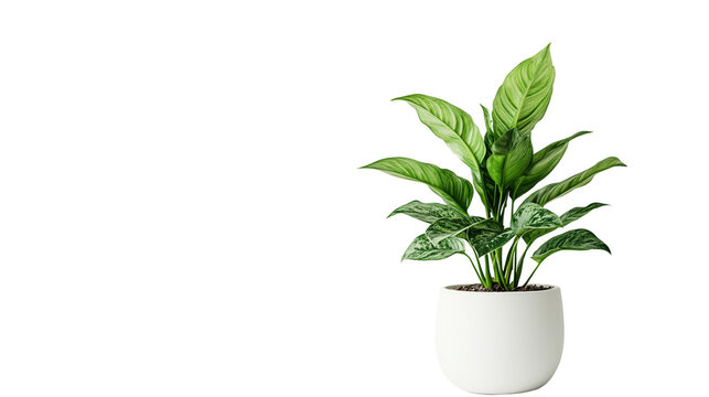 A  promotional photo, a green Chinese evergreen plant in a white pot, isolated  on Transparent PNG format Background.