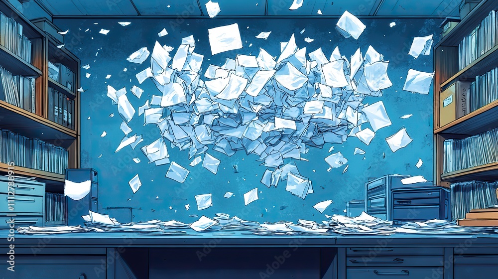 Poster documents in paper files become misplaced flying sheets blank sheet office element thrown object white trash of a cartoon outlin