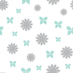 seamless repeat pattern with simple gray floral and teal green butterfly motifs on a white background perfect for fabric, scrap booking, wallpaper, gift wrap projects